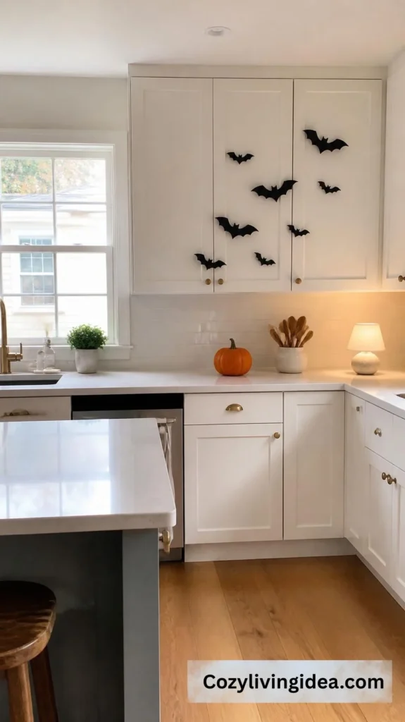Black paper bats fanning across white kitchen cabinets for spooky Halloween kitchen decor
