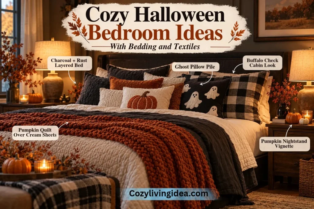 Cozy Halloween bedroom with charcoal and rust bedding, pumpkin quilt styling, ghost pillows, buffalo check accents, and a pumpkin nightstand vignette