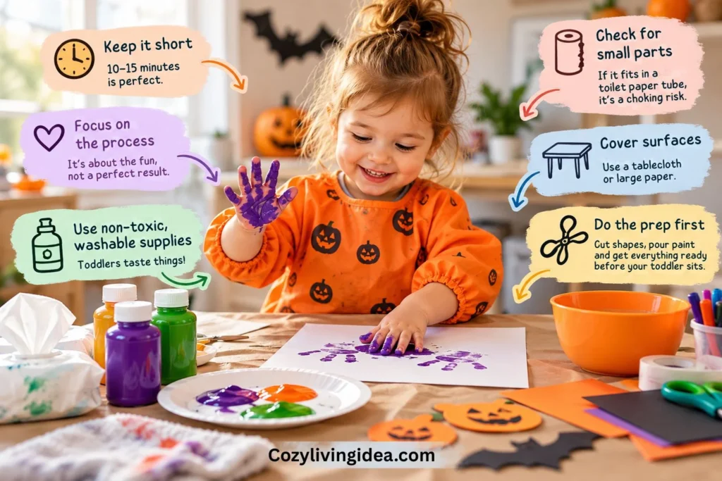 Toddler Halloween crafts setup with washable paint, covered table, and simple safety and prep tips