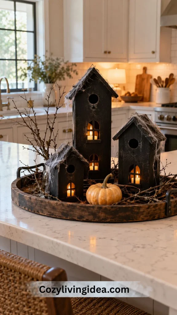 Three matte black wooden birdhouses with cobwebs, glowing LED tea lights, bare twigs and a mini pumpkin on a kitchen tray