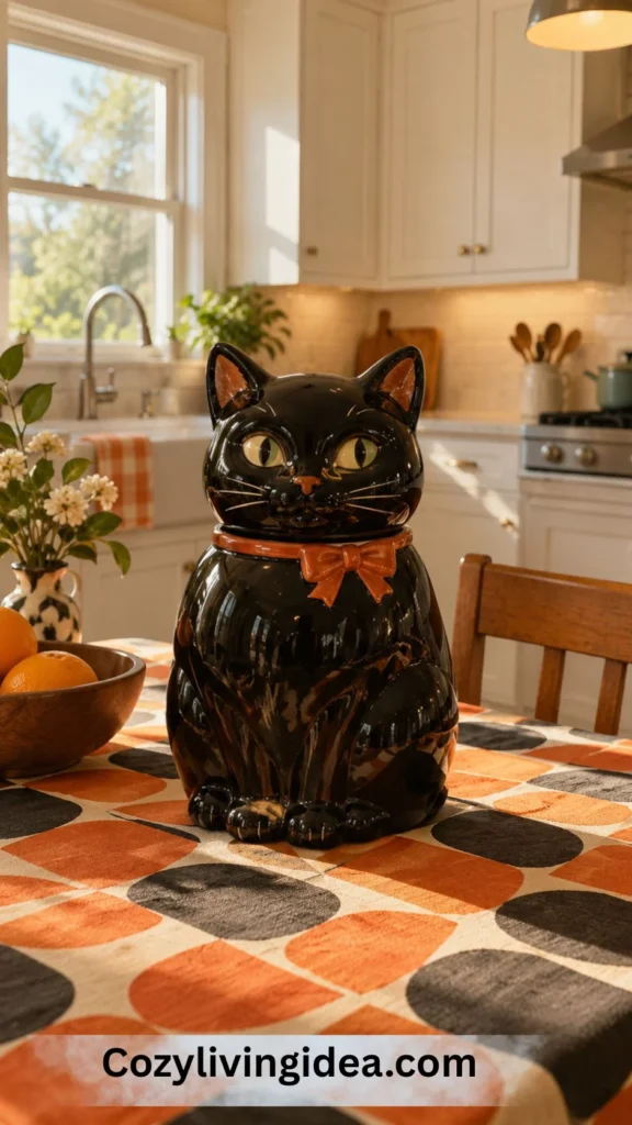 Vintage black cat cookie jar on a retro orange, black and cream Halloween tablecloth in a kitchen
