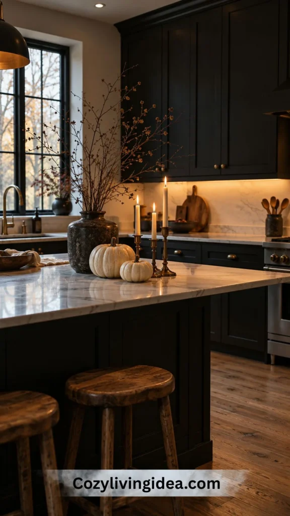 Matte black kitchen cabinets styled with white pumpkins, brass candlesticks and pale branches for Halloween