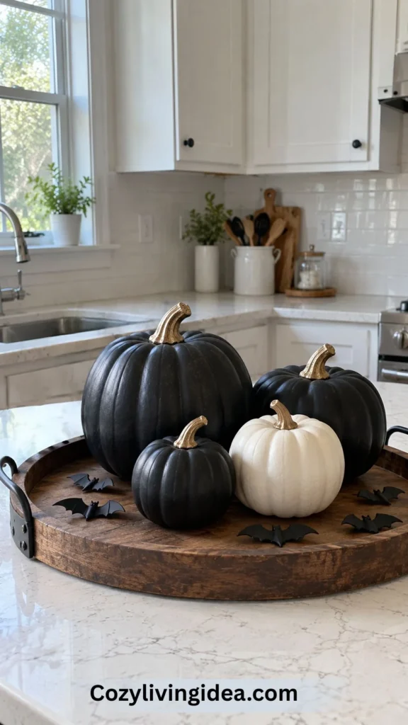 Round wood tray with matte black pumpkins, gold stems, one white pumpkin and bat cutouts on a kitchen counter