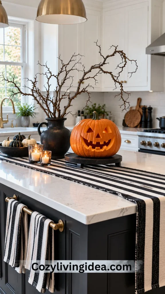 Black-and-white striped kitchen runner and towels with a grinning orange pumpkin and twisted bare branches in a black vase