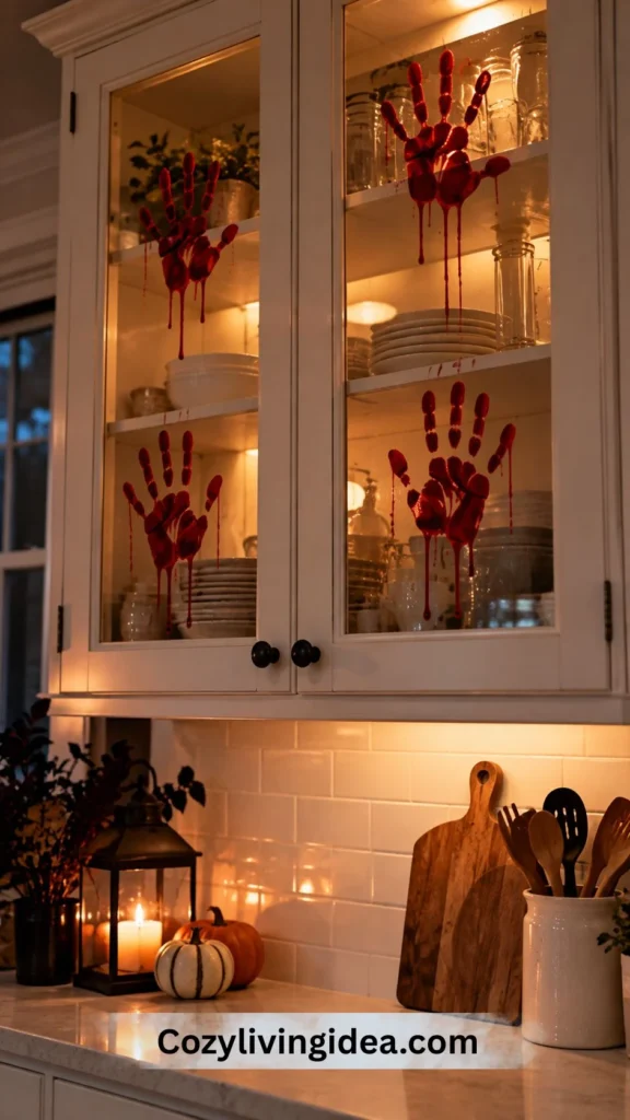 Glass-front kitchen cabinet decorated with four red handprint clings for scary Halloween kitchen decor