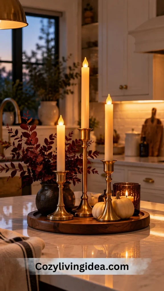 Three brass candlesticks with flameless LED taper candles on a wooden tray in a Halloween kitchen