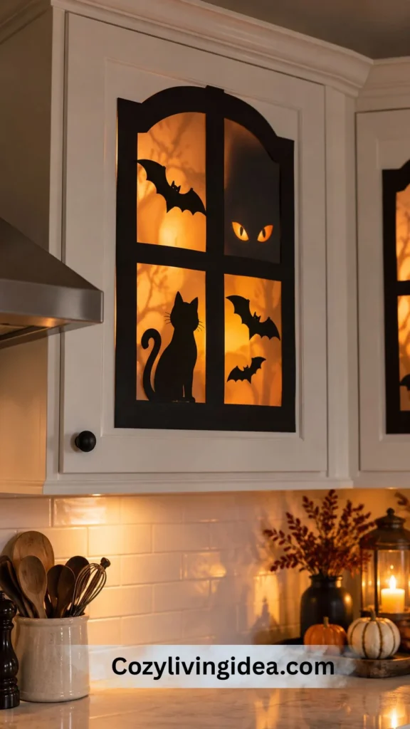 White kitchen cabinet decorated with a black paper haunted window featuring bat and cat silhouettes and glowing orange eyes