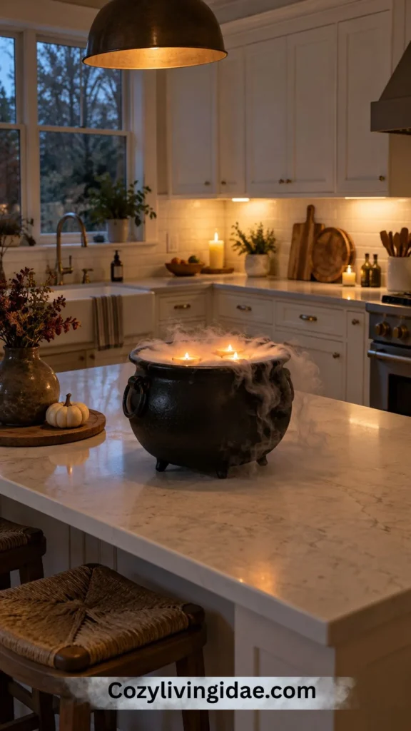Black cauldron with mist and glowing LED tea lights on a kitchen island for Halloween decor