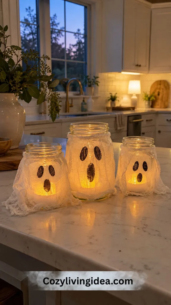 Three cheesecloth ghost jars with hand-drawn black faces and glowing LED tea lights on a kitchen counter at dusk