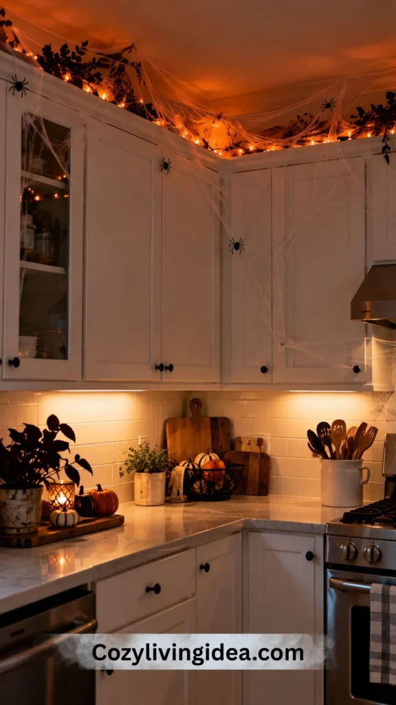 Halloween kitchen with cobwebs above white cabinets, orange string lights and a clear illuminated counter