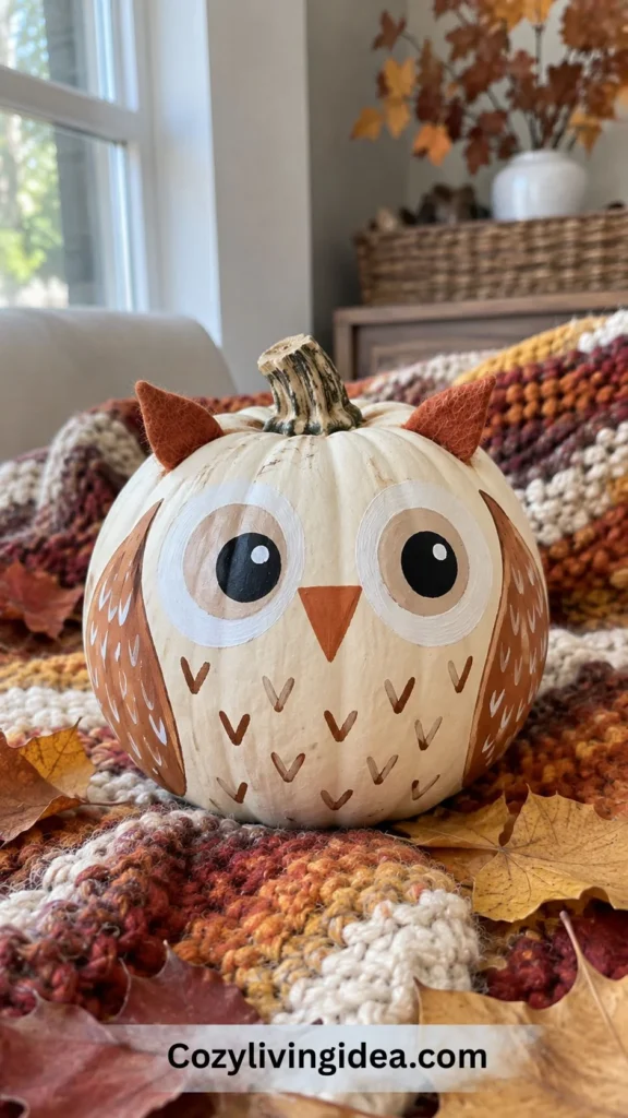 Cute owl pumpkin painting idea on a white pumpkin with painted eyes, beak, and felt ear tufts