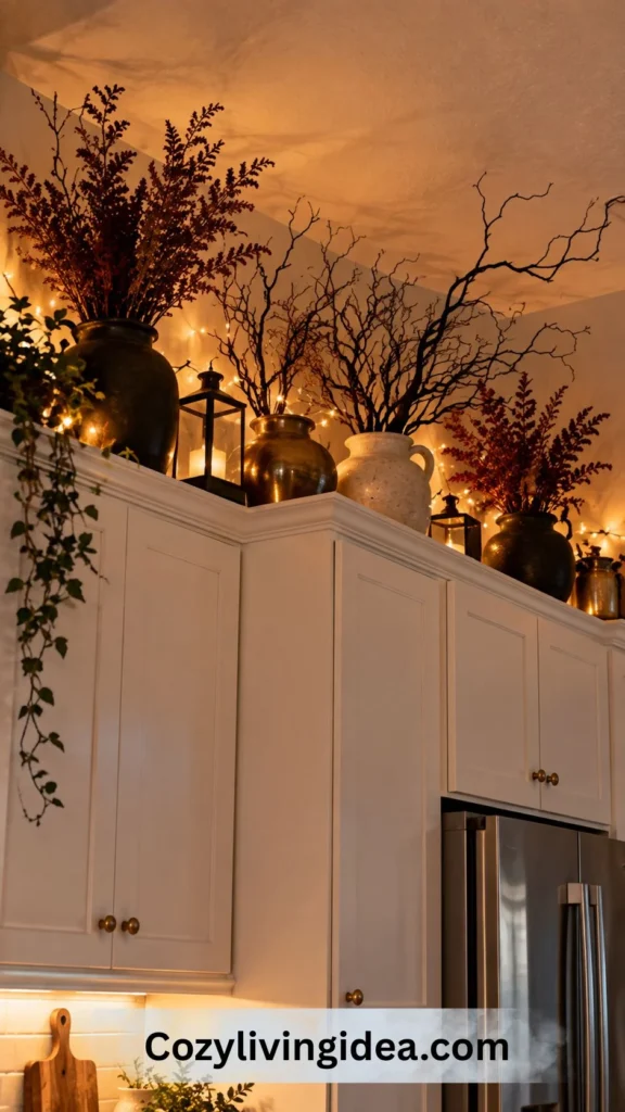 Tall dried stems and black branches with warm string lights above white kitchen cabinets for Halloween
