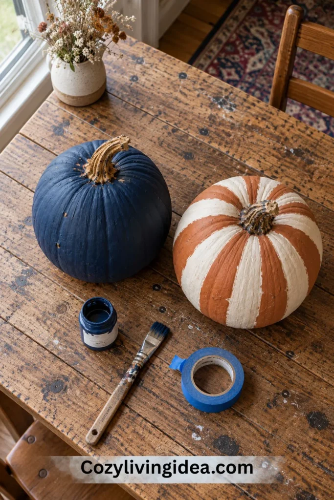 Easy pumpkin painting ideas with a matte navy pumpkin and hand-painted white and terracotta striped pumpkin