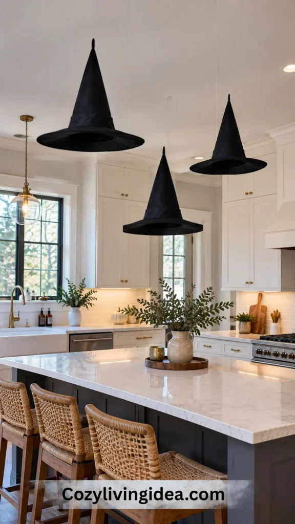 Three black witch hats hanging above a quartz kitchen island for Halloween decor