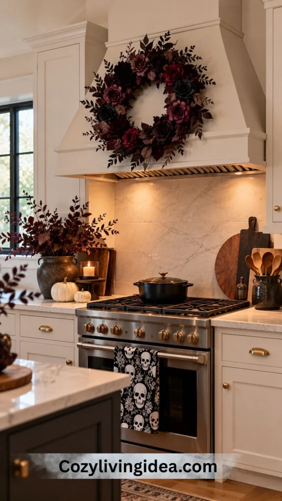 Dark burgundy and black floral Halloween wreath on a cream kitchen range hood with skull-print tea towel