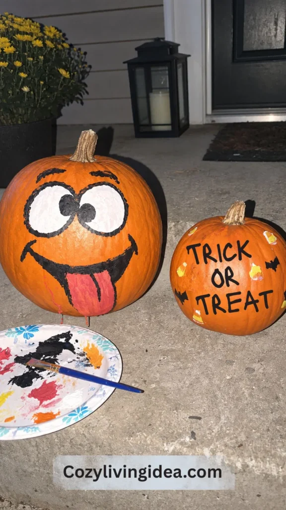 Funny pumpkin painting ideas with a goofy tongue-out face and hand-painted Trick or Treat lettering on a porch