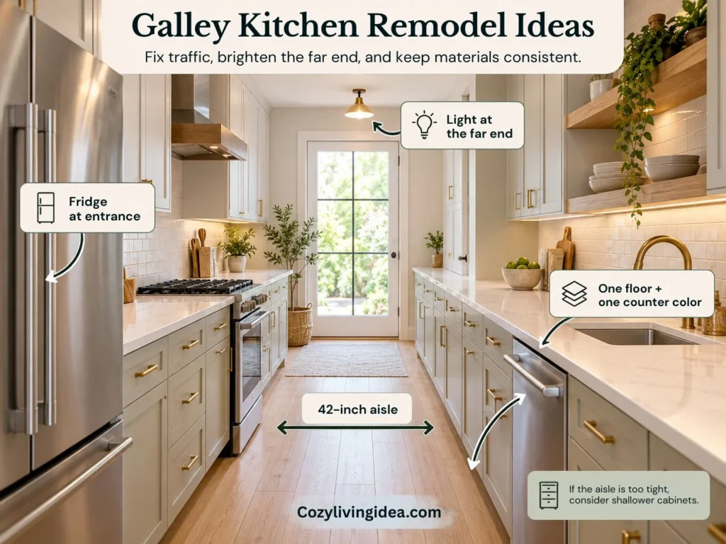 Galley kitchen remodel with parallel counters, 42-inch aisle, fridge near the entrance and bright light at the far end