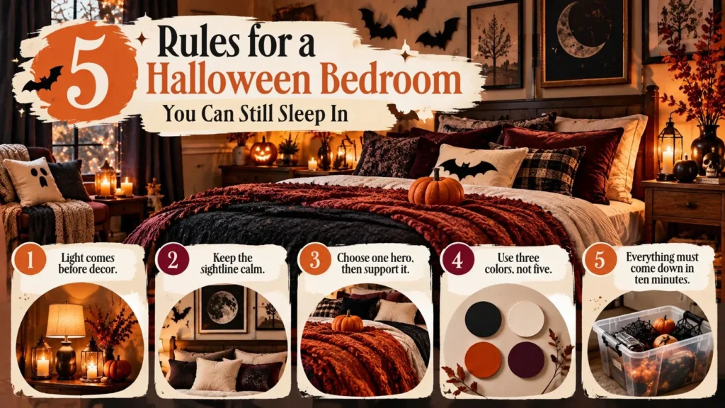 Infographic showing five rules for a cozy Halloween bedroom, including warm lighting, calm wall decor, layered bedding, a simple color palette and easy-to-remove decorations