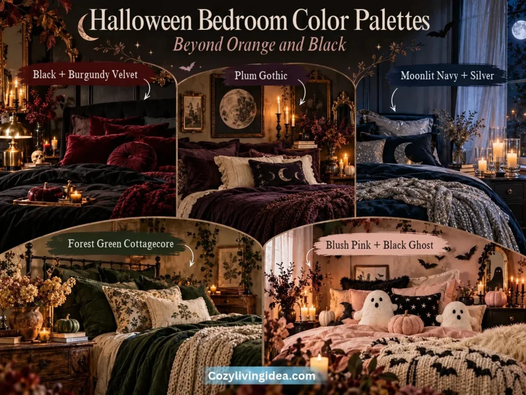 Five Halloween bedroom color palettes featuring black and burgundy, plum gothic, moonlit navy and silver, forest green cottagecore, and blush pink with ghost accents