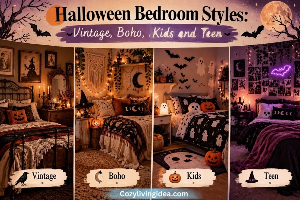 Four Halloween bedroom styles featuring vintage pumpkin decor, a cozy boho bedroom, friendly ghost decorations for kids, and a purple neon-inspired teen bedroom