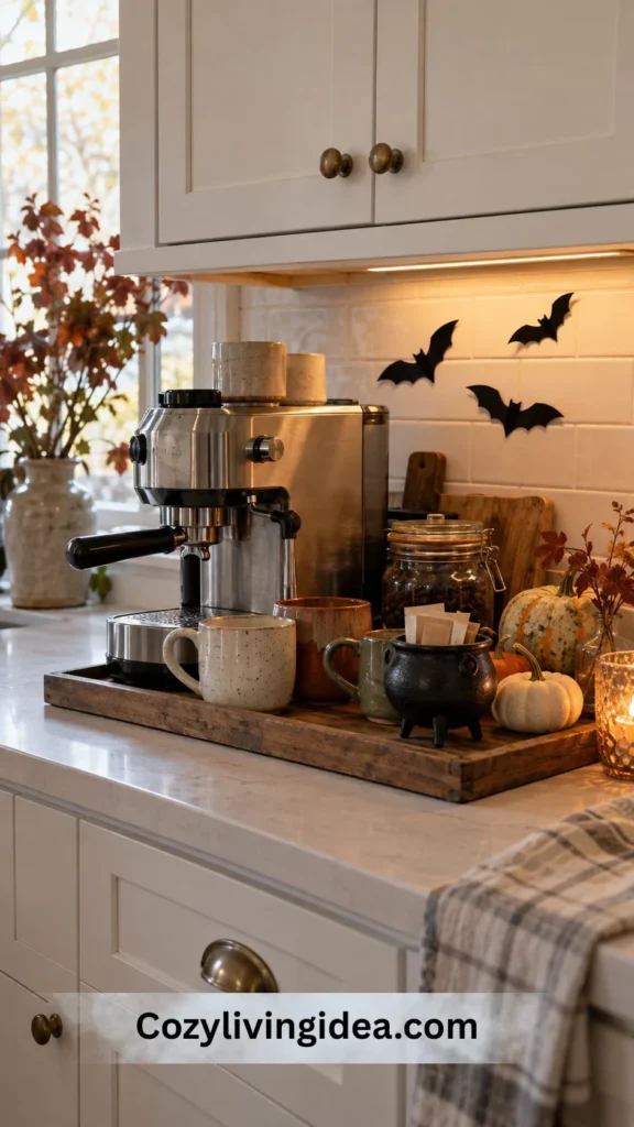 Halloween coffee bar on a wooden tray with an espresso machine, three ceramic mugs, a black cauldron holding sugar packets, mini pumpkins and paper bats on the kitchen backsplash