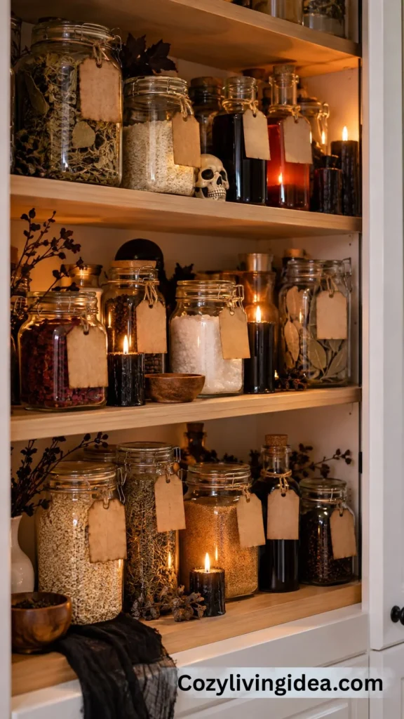 Halloween kitchen pantry with glass jars, dried herbs, blank kraft labels, skull and dark candles