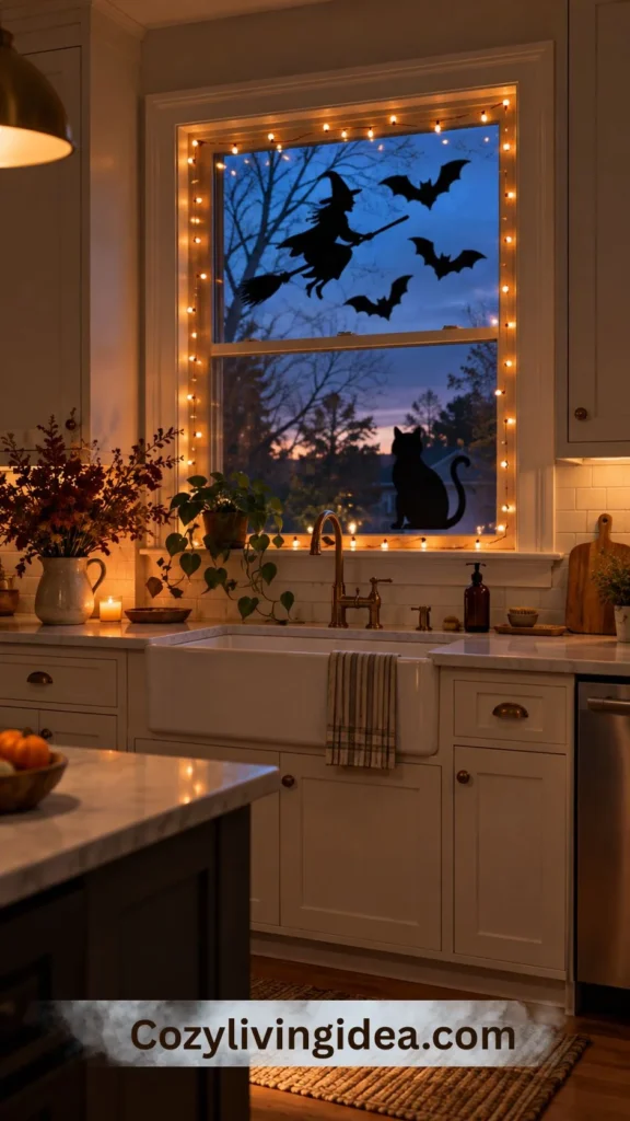 Halloween kitchen window decorated with witch, cat and bat silhouettes and warm string lights