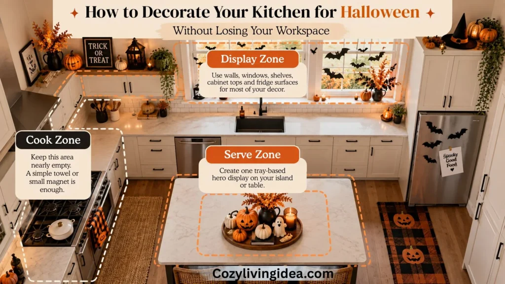 Halloween kitchen decor showing cook, serve and display zones to keep the workspace functional