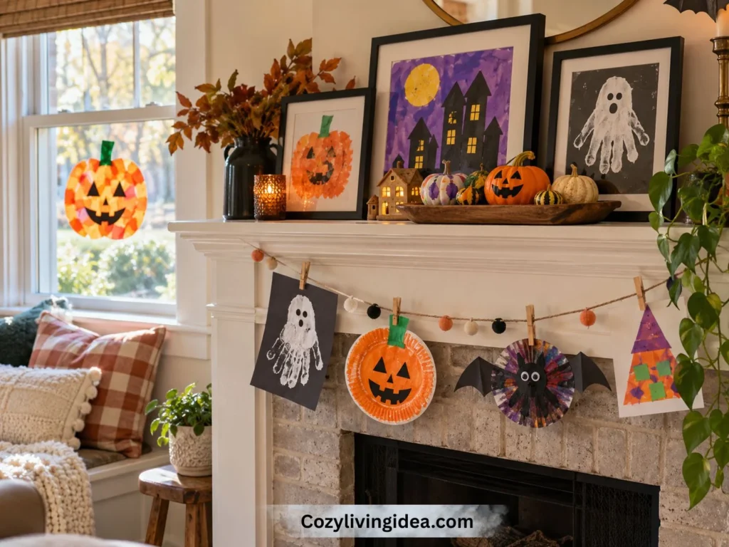Toddler Halloween crafts displayed on a mantel with framed handprint art, painted mini pumpkins, and a clothespin garland