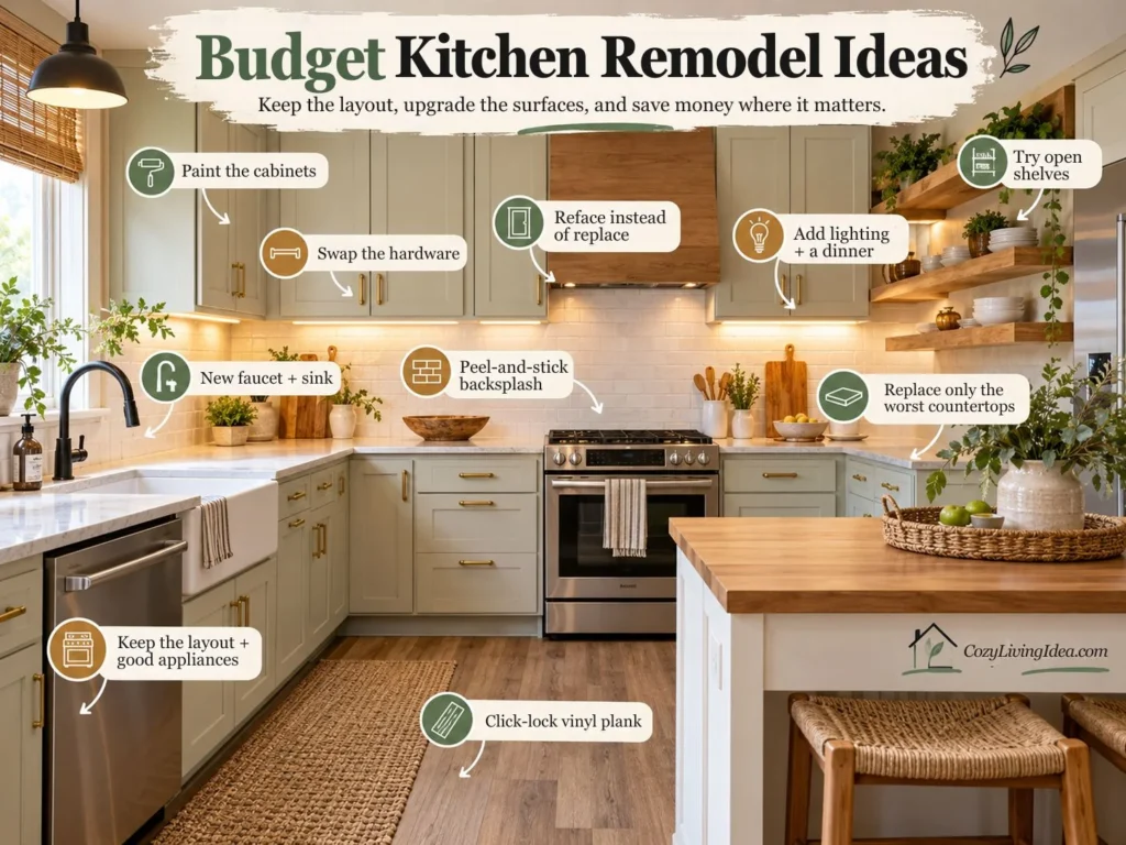 Budget kitchen remodel showing painted cabinets, new hardware, updated lighting, open shelves and peel-and-stick backsplash