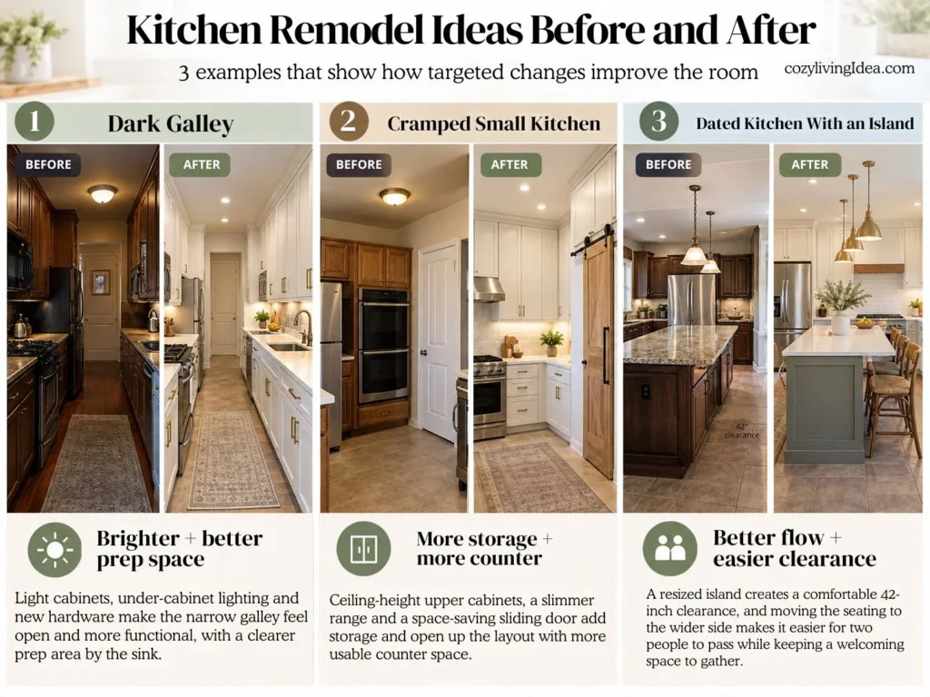 3 kitchen remodel before and after examples showing improvements to a dark galley, small kitchen and kitchen with an island