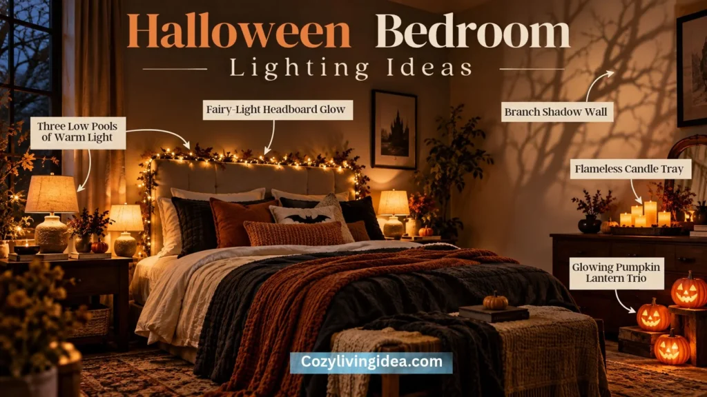 Halloween bedroom lighting ideas featuring warm bedside lamps, fairy lights around the headboard, flameless candles, glowing pumpkin lanterns and branch shadows