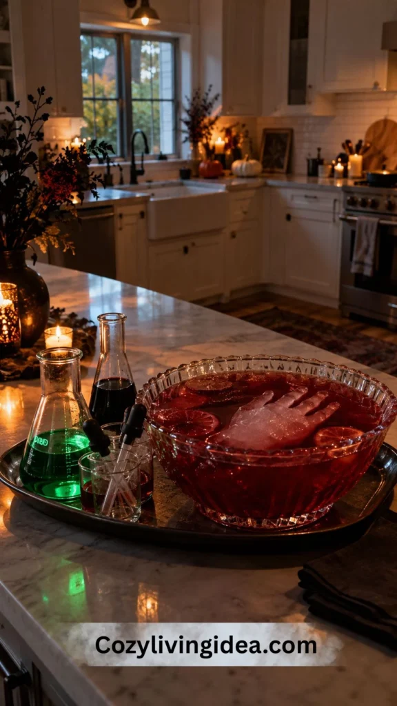 Halloween kitchen counter with red punch bowl, hand-shaped ice, glass beakers and droppers