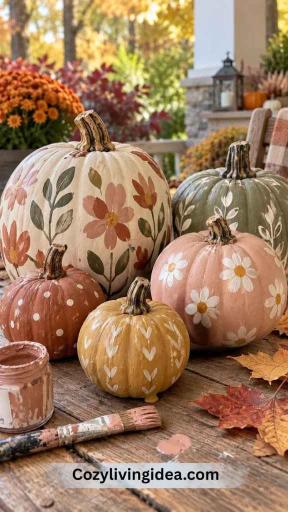 Hand-painted pumpkins in cream, sage, blush, terracotta and mustard with floral and polka-dot designs on an outdoor fall table