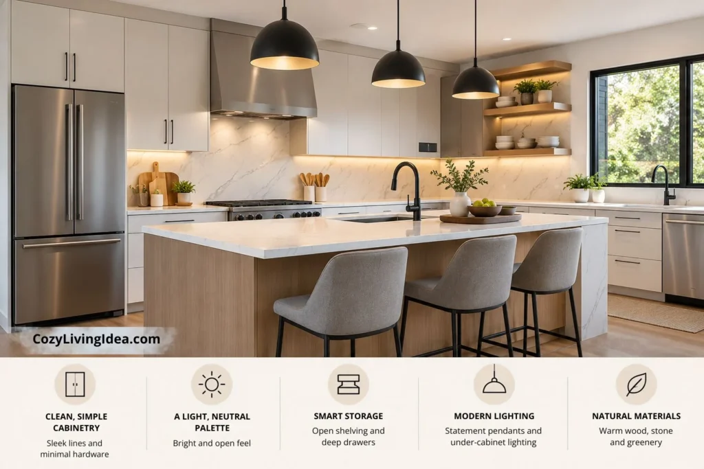 Modern kitchen remodel with slab cabinets, slim hardware, stone backsplash and layered pendant and under-cabinet lighting