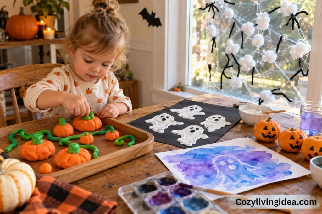 Toddler making sensory Halloween crafts with playdough pumpkins, painted ghosts, and a cotton ball spiderweb
