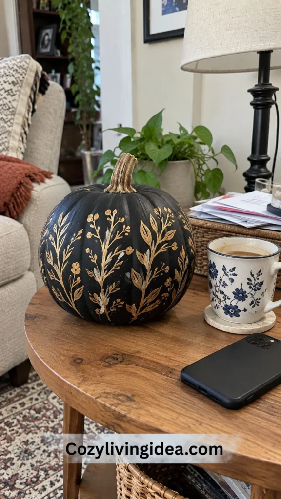 Matte black pumpkin with hand-painted gold botanical line art displayed on a living room side table