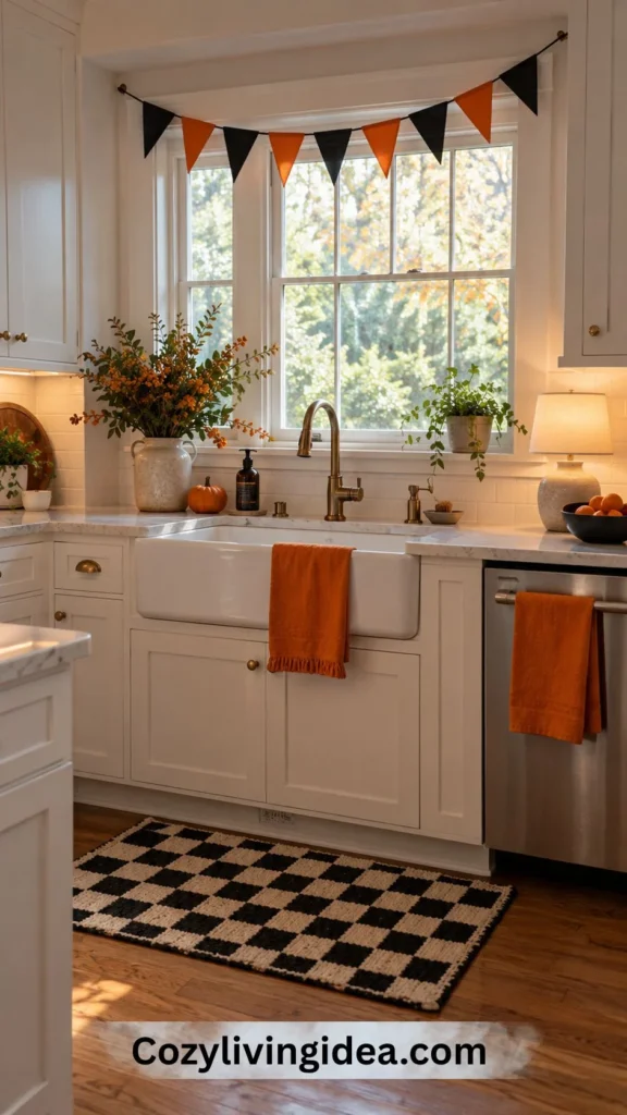 Halloween kitchen sink with orange towels, black-and-white checkerboard mat and orange-and-black pennant banner