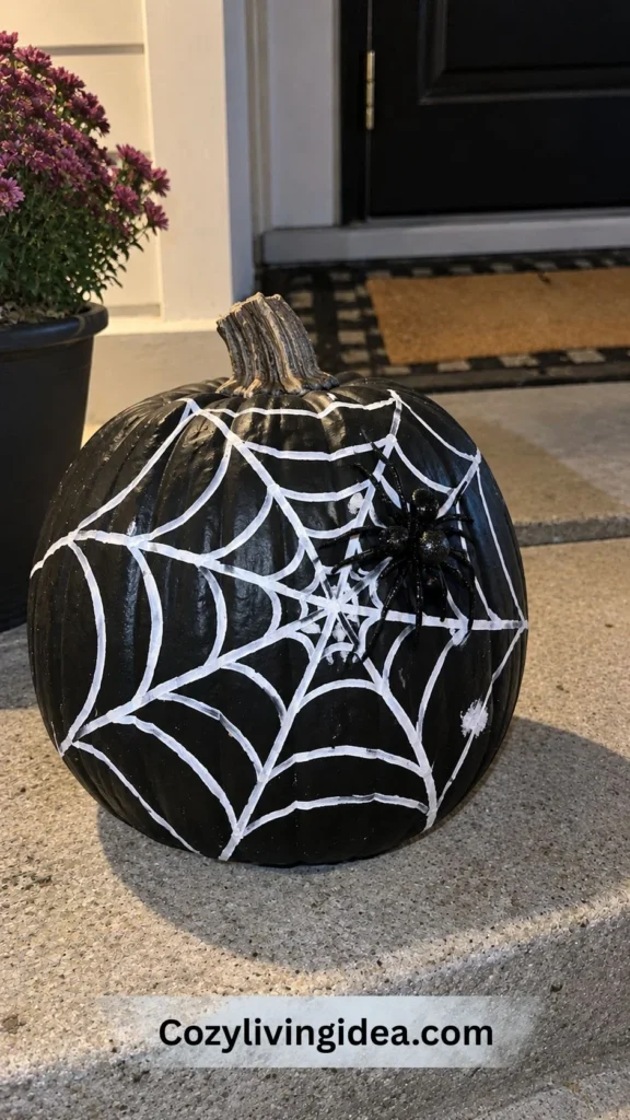 Scary Halloween pumpkin painting idea with a black pumpkin, hand-painted white spiderweb, and plastic spider on a porch