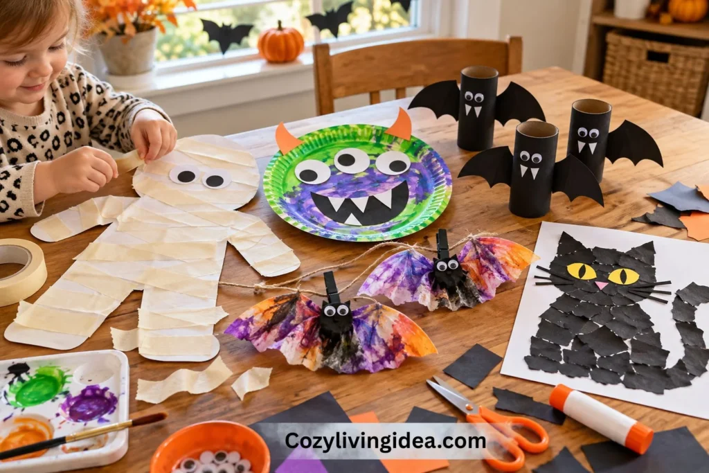 Simple paper Halloween crafts for toddlers with paper plate monster, mummy, bats, and torn paper black cat