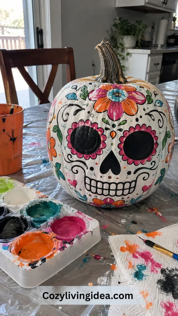 Sugar skull pumpkin painting idea with black eye sockets and colorful pink, orange, and teal floral details