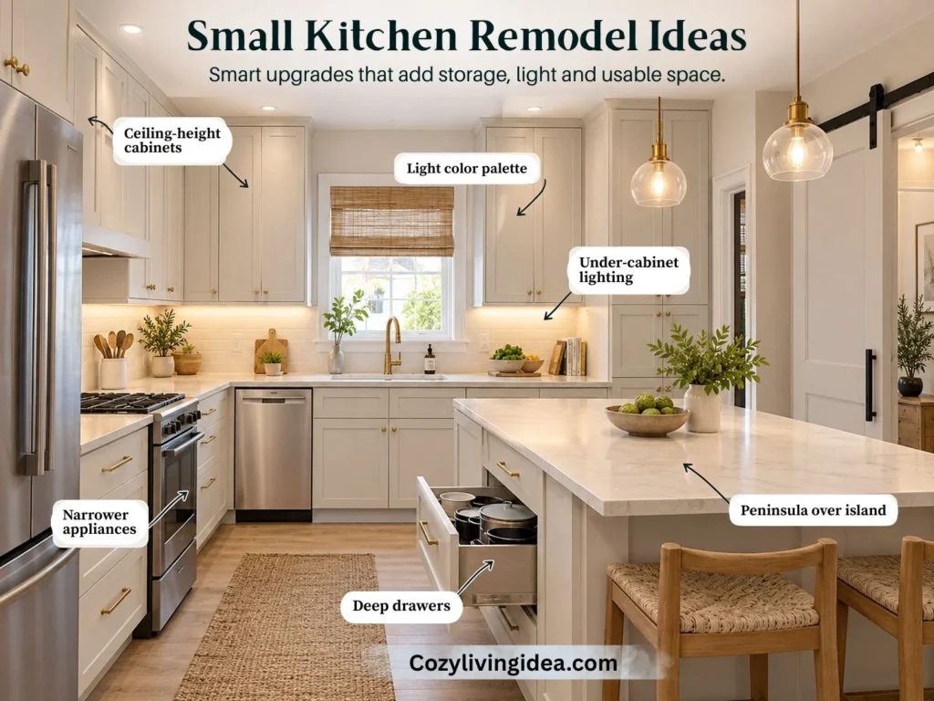 Small kitchen remodel with ceiling-height cabinets, under-cabinet lighting, deep drawers and a space-saving peninsula