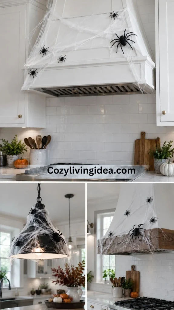White kitchen range hood decorated with faux cobwebs and black spiders for Halloween