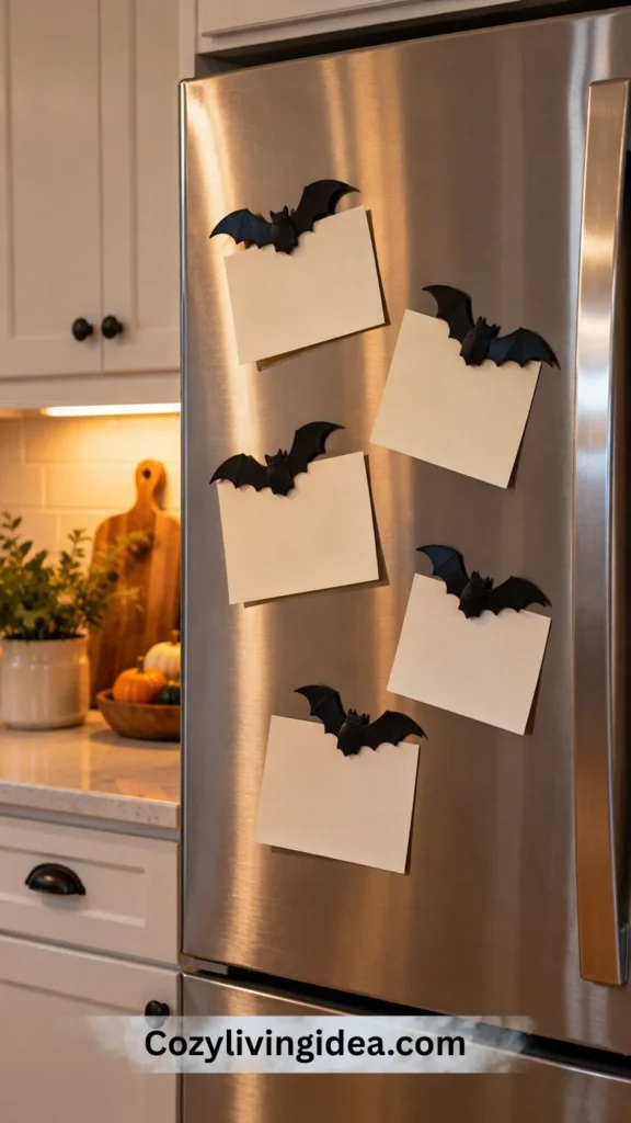 Five blank cream recipe cards held by black bat-shaped magnets on a stainless steel refrigerator decorated for Halloween.