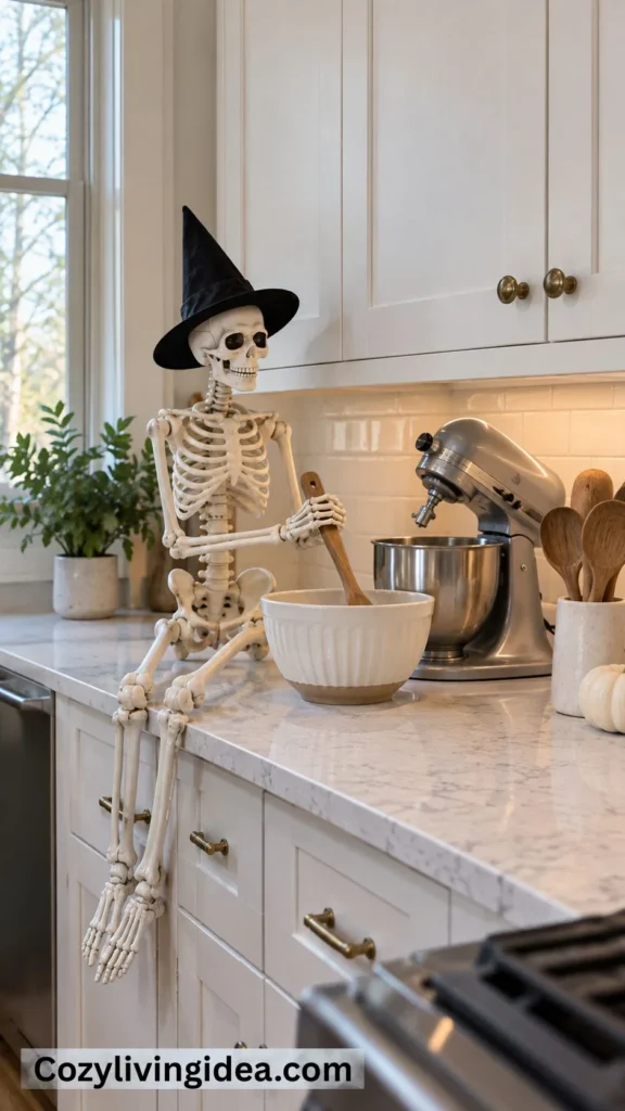Skeleton wearing a witch hat mixing in a bowl beside a stand mixer for Halloween kitchen decor