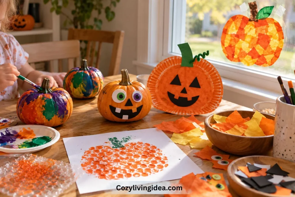 Toddler Halloween pumpkin crafts with painted mini pumpkins, paper plate pumpkin, stamping, and tissue paper suncatcher