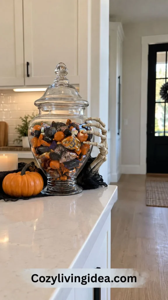Large glass apothecary jar filled with wrapped Halloween candy, with a mini orange pumpkin and decorative skeleton hand on a white kitchen counter.