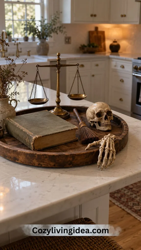 Vintage Halloween kitchen tray with brass scale, old book, miniature broom, skull and skeletal hand