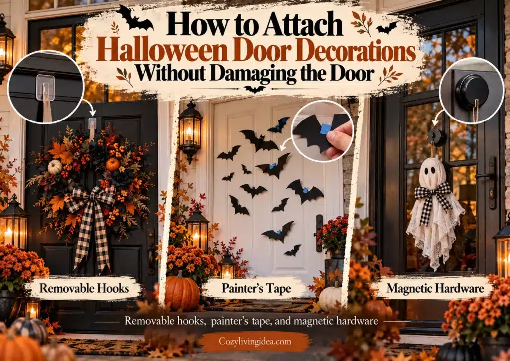 How to attach Halloween door decorations using removable hooks, painter's tape and magnetic hardware without damaging the door