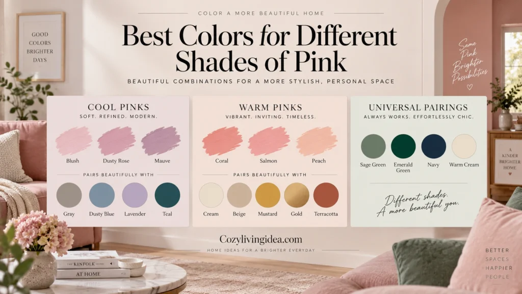 Color guide showing the best colors for cool and warm shades of pink including blush, mauve, coral, salmon and peach